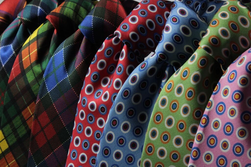 Assortment of patterned neckties laid together, showing the range of fibres that decide how each one is washed