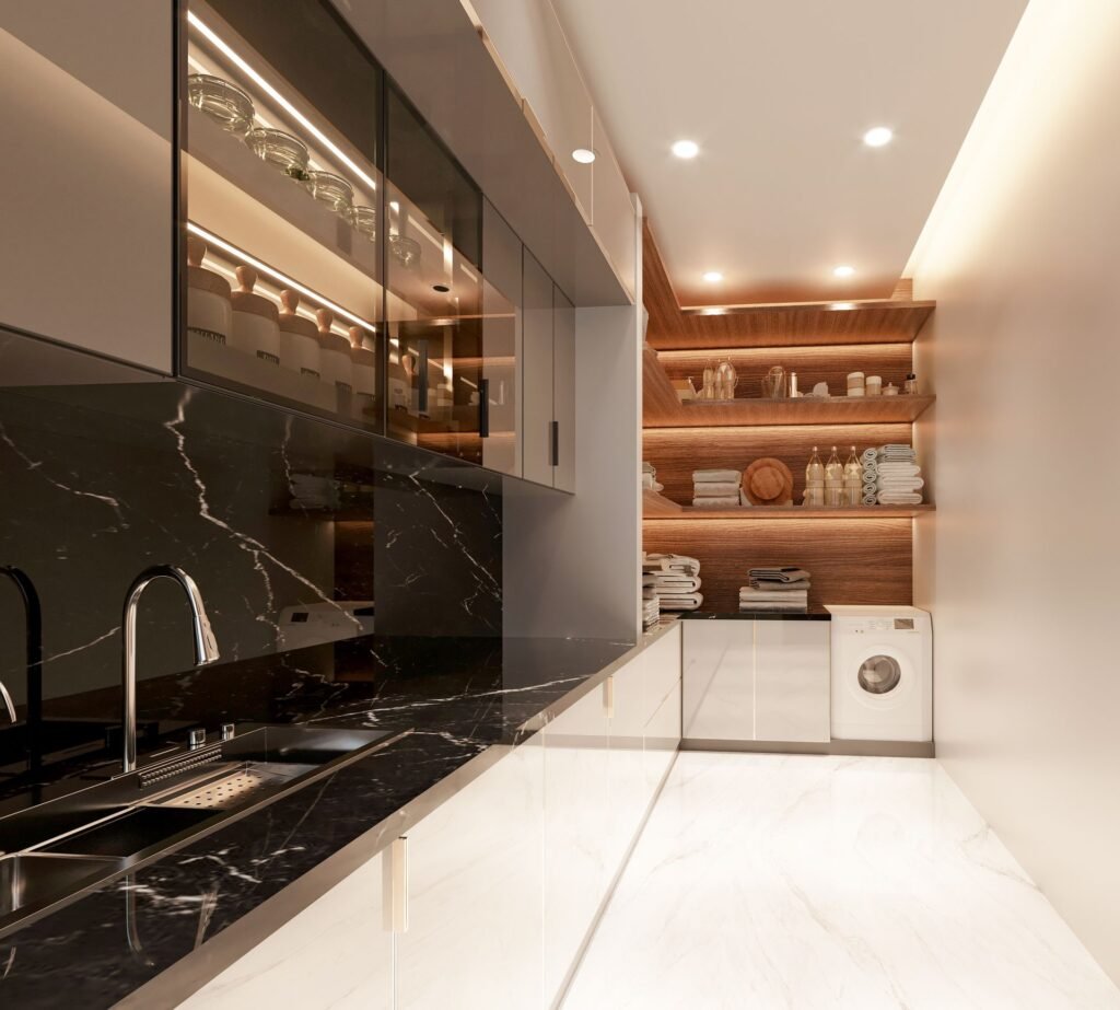 A tidy laundry room with a front-load washer built into cabinetry, the setting where a quiet washing machine matters most