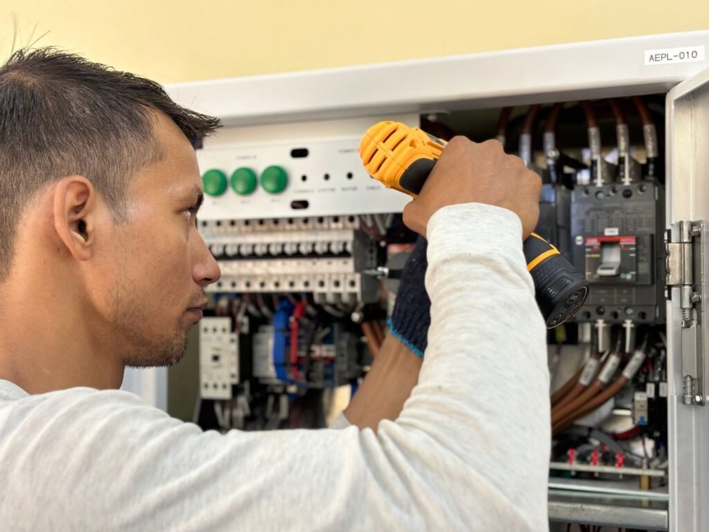 A man working with a screwdriver inside an open grey electrical panel, a row of white miniature circuit breakers and a large black moulded-case breaker visible behind heavy brown cabling