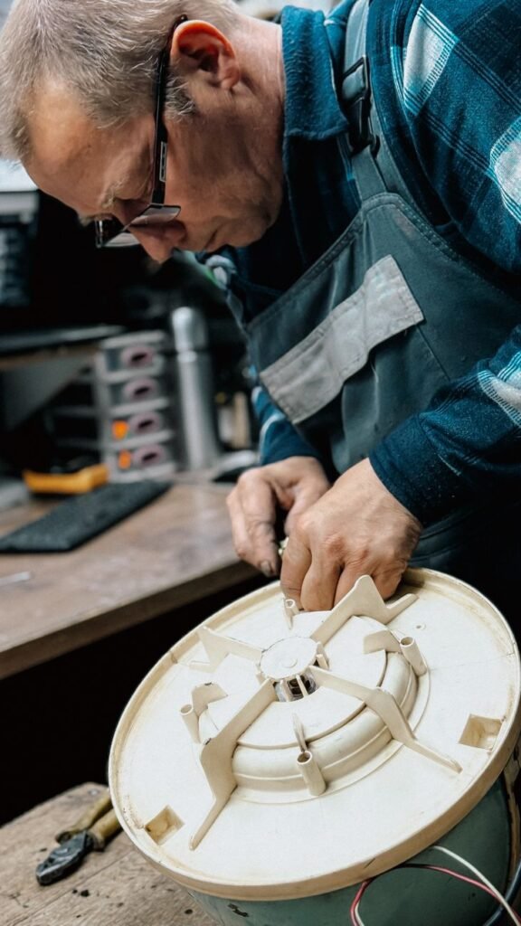 A technician in overalls and glasses leaning over a workbench, working with a hand tool on the white moulded base panel of a dismantled home appliance