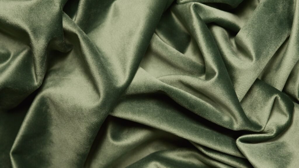 Sage green velvet crumpled into deep folds, the pile reading pale on one side of each crease and dark on the other