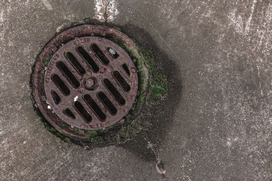 A rusted cast-iron round drain grate set flush into a concrete floor slab with moss growing around its rim, the state a floor drain cover reaches in a damp room