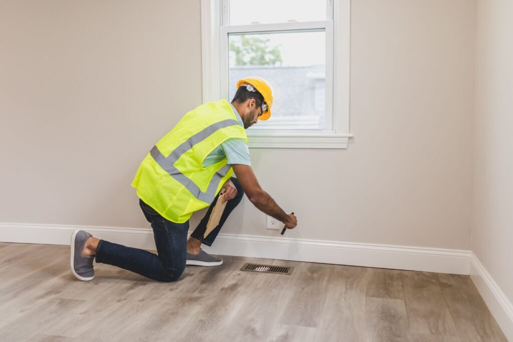 A worker in a yellow hard hat and hi-vis vest kneeling at floor level with a clipboard, marking the skirting board beside a floor vent under a window on a grey wood-effect floor