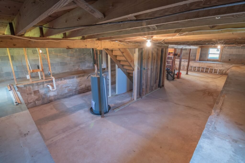 An unfinished basement with a bare concrete floor, exposed joists, a gas water heater and capped plumbing stubs on the block wall, the setting a sump pump for laundry room drainage is bought for